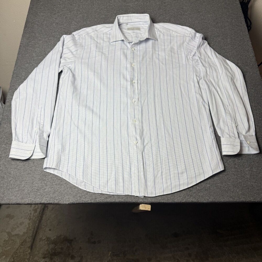 Ermenegildo Zegna Shirt Mens 16.5 42 White/Blue Striped Button Up Long Sleeve